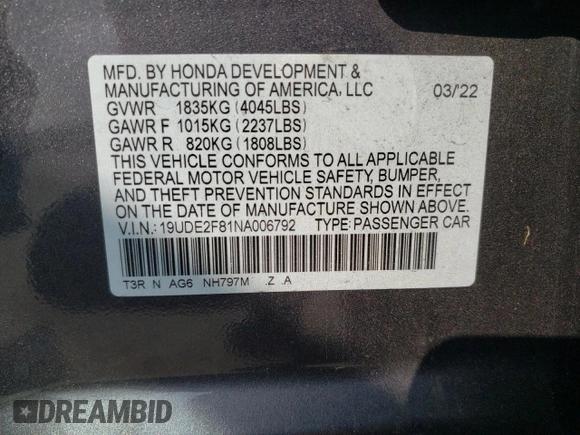 2022 Acura ILX Premium with VIN 19UDE2F81NA006792, listed as a Copart auction lot 48696873 with 6,183 mi miles and . Bid and sale history available at DreamBid. Image 12.