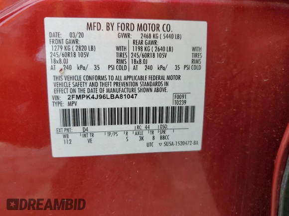 2020 Ford Edge SEL with VIN 2FMPK4J96LBA81047, listed as a Copart auction lot 60269905 with 89,048 mi miles and Salvage title. Bid and sale history available at DreamBid. Image 13.