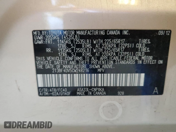2012 Toyota RAV4 with VIN 2T3BF4DV5CW248216, listed as a Copart auction lot 46490805 with 117,737 mi miles and Salvage title. Bid and sale history available at DreamBid. Image 13.