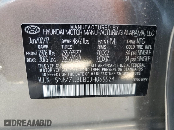 2018 Hyundai Santa Fe 2.4L with VIN 5NMZU3LB0JH065524, listed as a Copart auction lot 61853205 with 79,685 mi miles and Salvage title. Bid and sale history available at DreamBid. Image 13.
