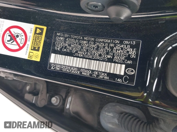 2013 Lexus ES 250 with VIN JTHBK1GG0D2051244, listed as a IAAI auction lot 41364813 with Not Provided miles and . Bid and sale history available at DreamBid. Image 9.