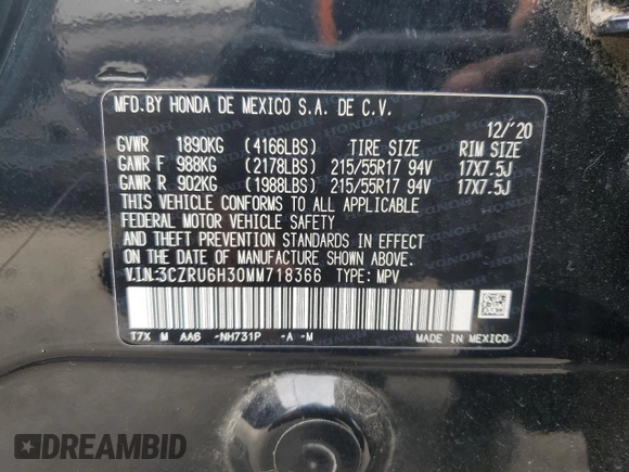 2021 Honda HR-V LX with VIN 3CZRU6H30MM718366, listed as a Copart auction lot 49094185 with 119,748 mi miles and Salvage Title. Bid and sale history available at carsss.com. Image 14.