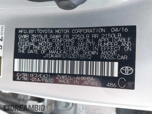 2016 Toyota Prius Four with VIN JTDKARFU1G3015572, listed as a IAAI auction lot 41891235 with 85,930 mi miles. Bid and sale history available at carsss.com. Image 9.