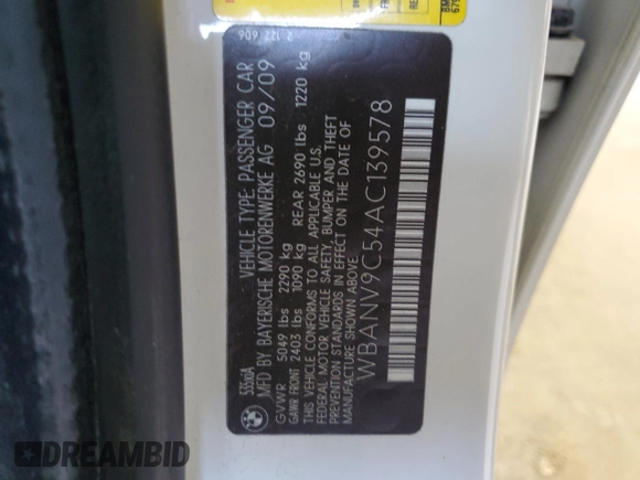 2010 BMW 5 Series 535i xDrive with VIN WBANV9C54AC139578, listed as a Copart auction lot 51859545 with Not Provided miles and Salvage Title. Bid and sale history available at carsss.com. Image 12.