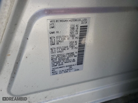 2015 Nissan Pathfinder Platinum with VIN 5N1AR2MN0FC608647, listed as a Copart auction lot 47306115 with 147,247 mi miles and Clean Title. Bid and sale history available at carsss.com. Image 15.