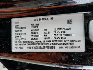 2023 Tesla Model 3 with VIN 5YJ3E1EA0PF455450, listed as a Copart auction lot 45423875 with 73,471 mi miles and Salvage Title. Bid and sale history available at carsss.com. Image 14.