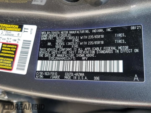 2021 Toyota Highlander L with VIN 5TDCZRAH4MS534715, listed as a Copart auction lot 56737705 with 53,541 mi miles and Salvage title. Bid and sale history available at DreamBid. Image 13.