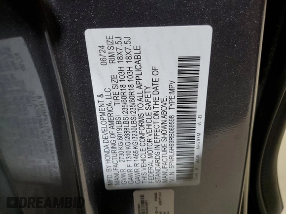 2024 Honda Odyssey EX-L with VIN 5FNRL6H69RB069598, listed as a Copart auction lot 53810215 with 5,789 mi miles and Salvage Title. Bid and sale history available at DreamBid. Image 13.