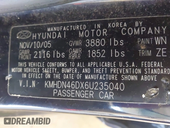 2006 Hyundai Elantra GLS with VIN KMHDN46DX6U235040, listed as a IAAI auction lot 42577175 with 111,754 mi miles and . Bid and sale history available at DreamBid. Image 9.