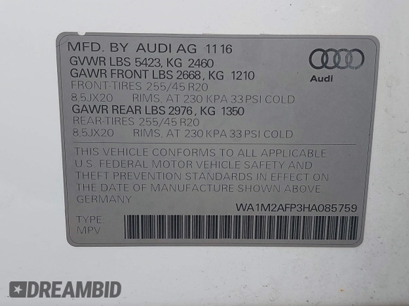 2017 Audi Q5 Premium Plus z VIN WA1M2AFP3HA085759, wystawiony jako IAAI lot #42561637 z przebiegiem 77 515 mil mil oraz . Historia ofert i sprzedaży dostępna na DreamBid. Obrazek 9.