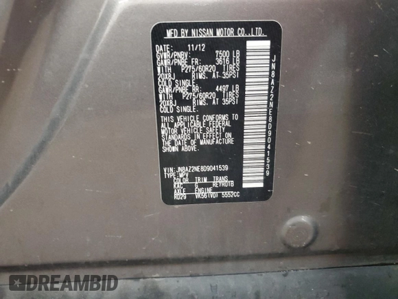 2013 Infiniti QX56 with VIN JN8AZ2NE8D9041539, listed as a Copart auction lot 62492425 with 236,892 mi miles and Clean title. Bid and sale history available at DreamBid. Image 13.