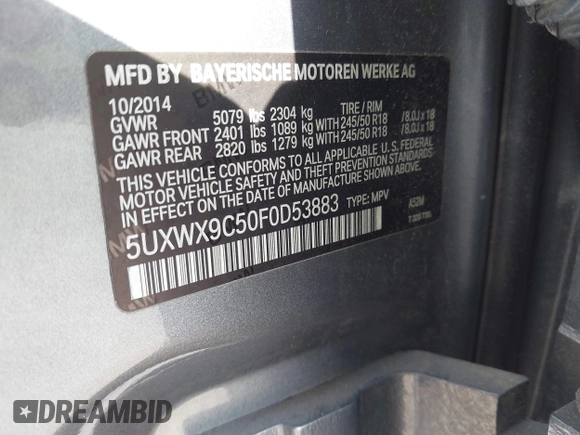 2015 BMW X3 xDrive28i with VIN 5UXWX9C50F0D53883, listed as a IAAI auction lot 42005760 with 127,339 mi miles and . Bid and sale history available at DreamBid. Image 9.