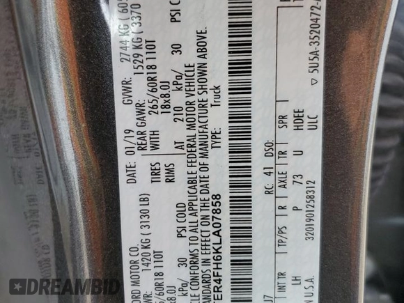 2019 Ford Ranger XL z VIN 1FTER4FH6KLA07858, wystawiony jako Copart lot #58412135 z przebiegiem 48 948 mil mil oraz Szkoda całkowita • Salvage title. Historia ofert i sprzedaży dostępna na DreamBid. Obrazek 13.