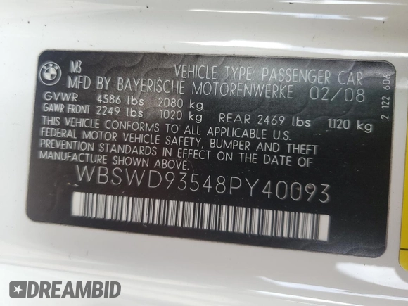 2008 BMW 3 Series M3 with VIN WBSWD93548PY40093, listed as a Copart auction lot 41657755 with 141,015 mi miles and Salvage title. Bid and sale history available at DreamBid. Image 12.