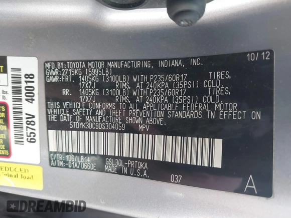 2013 Toyota Sienna XLE AAS with VIN 5TDYK3DC9DS304059, listed as a IAAI auction lot 41883196 with 170,842 mi miles and . Bid and sale history available at DreamBid. Image 9.
