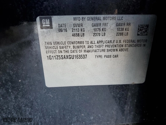2016 Chevrolet Impala LS with VIN 1G11Z5SAXGU163537, listed as a Copart auction lot 46930175 with 284,338 mi miles and Clean Title. Bid and sale history available at carsss.com. Image 12.