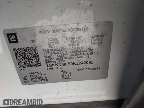 2019 GMC Acadia SLT with VIN 1GKKNMLS9KZ242061, listed as a IAAI auction lot 41730900 with 91,932 mi miles. Bid and sale history available at carsss.com. Image 9.