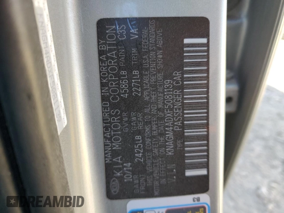 2015 Kia Optima z VIN KNAGM4ADXF5081139, wystawiony jako Copart lot #48687085 z przebiegiem 108 122 mil mil oraz Szkoda całkowita • Salvage title. Historia ofert i sprzedaży dostępna na DreamBid. Obrazek 13.