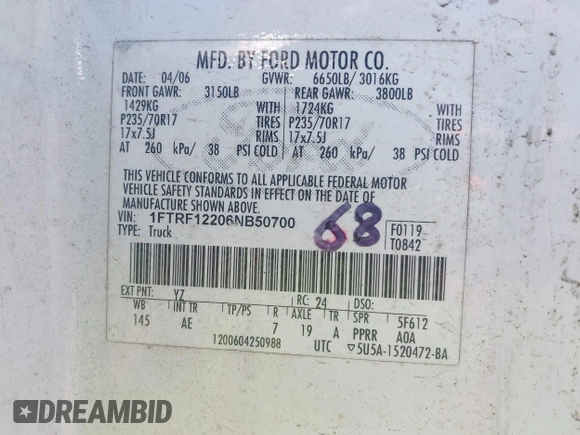 2006 Ford F-150 XL with VIN 1FTRF12206NB50700, listed as a IAAI auction lot 42137380 with 285,494 mi miles and . Bid and sale history available at DreamBid. Image 9.