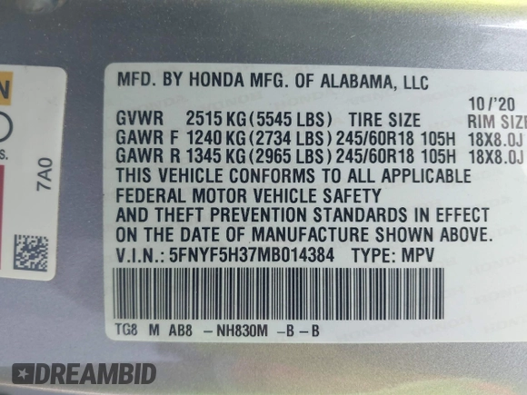 2021 Honda Pilot EX with VIN 5FNYF5H37MB014384, listed as a IAAI auction lot 42412500 with 36,934 mi miles and . Bid and sale history available at DreamBid. Image 9.
