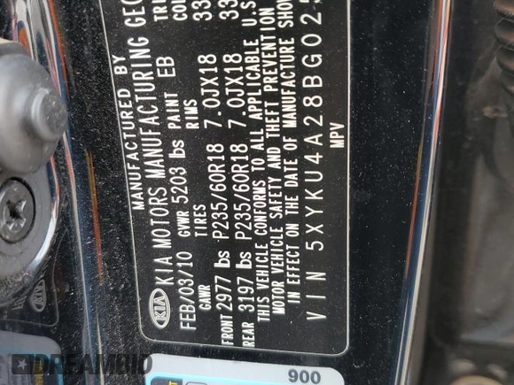 2011 Kia Sorento EX z VIN 5XYKU4A28BG025617, wystawiony jako Copart lot #54141405 z przebiegiem 151 066 mil mil oraz Szkoda całkowita • Salvage title. Historia ofert i sprzedaży dostępna na DreamBid. Obrazek 12.