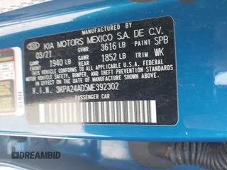 2021 Kia Rio S with VIN 3KPA24AD5ME392302, listed as a IAAI auction lot 41925903 with 14,226 mi miles and . Bid and sale history available at DreamBid. Image 9.