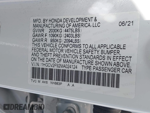 2021 Honda Accord Touring with VIN 1HGCV2F92MA024124, listed as a IAAI auction lot 42353443 with 22,457 mi miles and . Bid and sale history available at DreamBid. Image 9.
