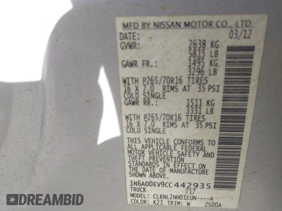 2012 Nissan Frontier SV с VIN 1N6AD0EV9CC442935, выставлен на аукционе IAAI как лот 41836134 с пробегом 110 427 миль миль и . История ставок и продаж доступна на DreamBid. Изображение 9.