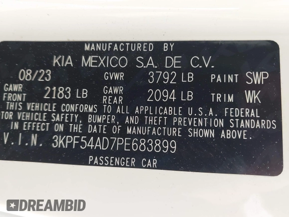 2023 Kia Forte GT-Line z VIN 3KPF54AD7PE683899, wystawiony jako IAAI lot #41902601 z przebiegiem 13 859 mil mil oraz . Historia ofert i sprzedaży dostępna na DreamBid. Obrazek 9.