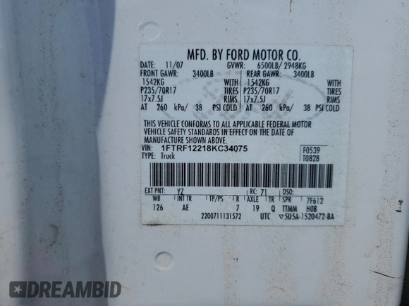2008 Ford F-150 XL with VIN 1FTRF12218KC34075, listed as a Copart auction lot 51167955 with 158,984 mi miles and Clean Title. Bid and sale history available at carsss.com. Image 12.