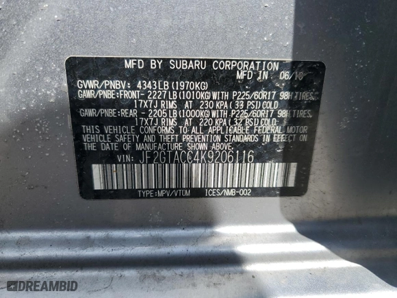 2019 Subaru Crosstrek Premium with VIN JF2GTACC4K9206116, listed as a Copart auction lot 51147895 with 95,367 mi miles and Salvage Title. Bid and sale history available at carsss.com. Image 13.