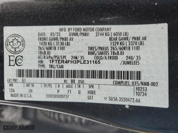 2023 Ford Ranger XL with VIN 1FTER4FH3PLE31165, listed as a Copart auction lot 45729085 with 51,342 mi miles and Salvage Title. Bid and sale history available at carsss.com. Image 12.