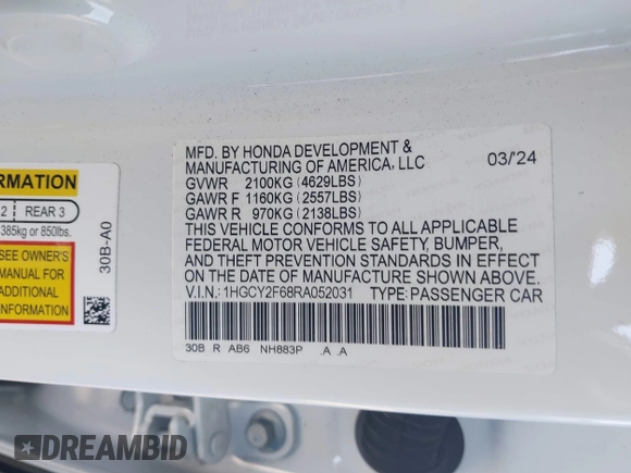 2024 Honda Accord EX-L with VIN 1HGCY2F68RA052031, listed as a IAAI auction lot 42279362 with 15,322 mi miles and . Bid and sale history available at DreamBid. Image 9.