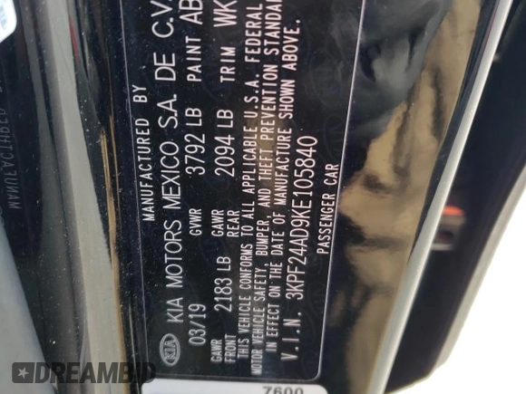 2019 Kia Forte LXS with VIN 3KPF24AD9KE105840, listed as a Copart auction lot 53428255 with 96,865 mi miles and Salvage Title. Bid and sale history available at carsss.com. Image 12.