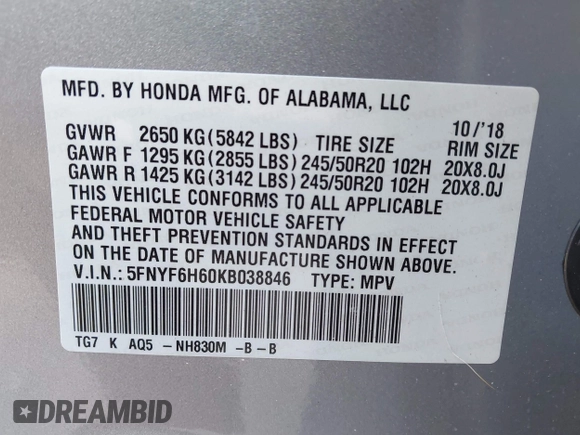 2019 Honda Pilot Touring 7-Passenger with VIN 5FNYF6H60KB038846, listed as a IAAI auction lot 41339385 with Not provided miles and . Bid and sale history available at DreamBid. Image 9.