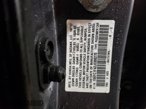 2018 Honda Civic EX-T with VIN 19XFC1F42JE000270, listed as a Copart auction lot 46618665 with 54,321 mi miles and Salvage title. Bid and sale history available at DreamBid. Image 13.