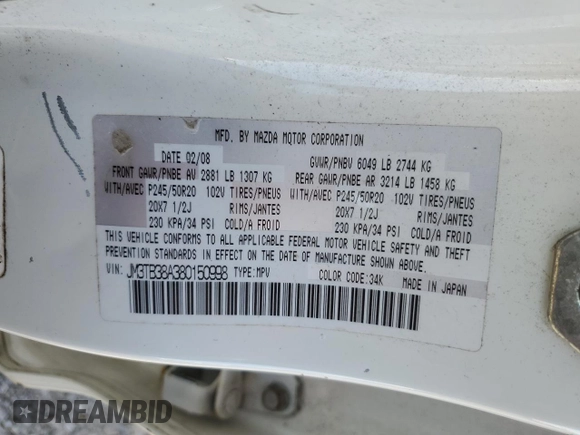 2008 Mazda CX-9 Grand Touring with VIN JM3TB38A380150998, listed as a Copart auction lot 51951115 with 319,025 mi miles and Salvage Title. Bid and sale history available at carsss.com. Image 13.