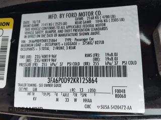 2019 Ford Fusion Titanium with VIN 3FA6P0D92KR125864, listed as a IAAI auction lot 42425422 with 109,340 mi miles and . Bid and sale history available at DreamBid. Image 9.