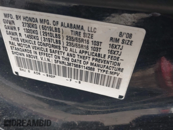 2008 Honda Odyssey EX-L with VIN 5FNRL38758B114588, listed as a IAAI auction lot 42101377 with 306,345 mi miles and . Bid and sale history available at DreamBid. Image 9.
