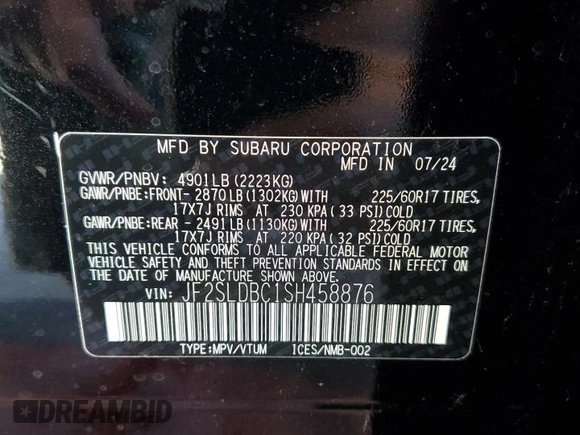 2025 Subaru Forester Premium z VIN JF2SLDBC1SH458876, wystawiony jako Copart lot #57756475 z przebiegiem 57 mil mil oraz Szkoda całkowita • Salvage title. Historia ofert i sprzedaży dostępna na DreamBid. Obrazek 14.