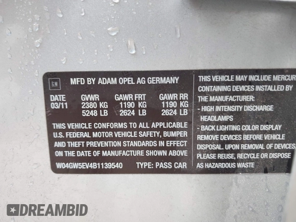 2011 Buick Regal CXL Turbo TO2 with VIN W04GW5EV4B1139540, listed as a IAAI auction lot 42079596 with 75,818 mi miles and . Bid and sale history available at DreamBid. Image 9.