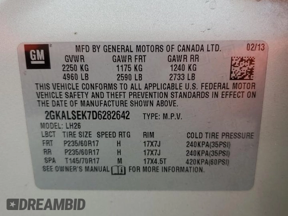 2013 GMC Terrain SLE with VIN 2GKALSEK7D6282642, listed as a Copart auction lot 51891565 with 174,615 mi miles and Salvage Title. Bid and sale history available at carsss.com. Image 15.