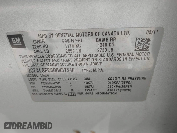 2011 GMC Terrain SLE-2 with VIN 2CTALSEC0B6437540, listed as a IAAI auction lot 41750859 with 186,537 mi miles. Bid and sale history available at carsss.com. Image 9.