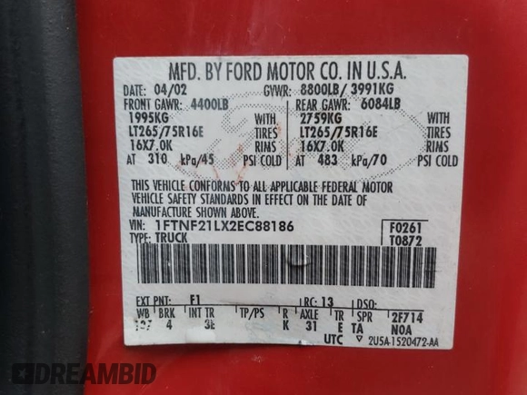 2002 Ford Super Duty F-250 XL with VIN 1FTNF21LX2EC88186, listed as a Copart auction lot 79945464 with 108,754 mi miles and Salvage Title. Bid and sale history available at carsss.com. Image 12.