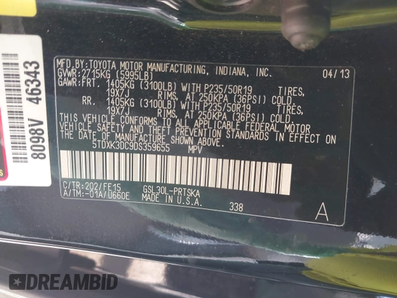 2013 Toyota Sienna SE with VIN 5TDXK3DC9DS359655, listed as a IAAI auction lot 42078705 with 159,101 mi miles and . Bid and sale history available at DreamBid. Image 9.