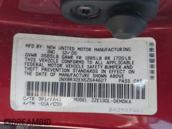 2006 Toyota Corolla CE with VIN 1NXBR32EX6Z644627, listed as a IAAI auction lot 42104268 with 228,589 mi miles and . Bid and sale history available at DreamBid. Image 9.
