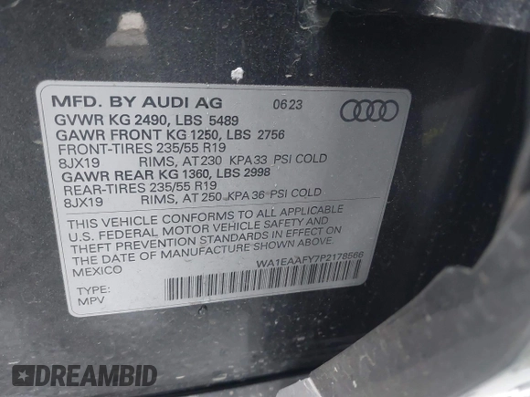 2023 Audi Q5 S line Premium Plus z VIN WA1EAAFY7P2178566, wystawiony jako IAAI lot #41734994 z przebiegiem Nie podano mil oraz . Historia ofert i sprzedaży dostępna na DreamBid. Obrazek 9.