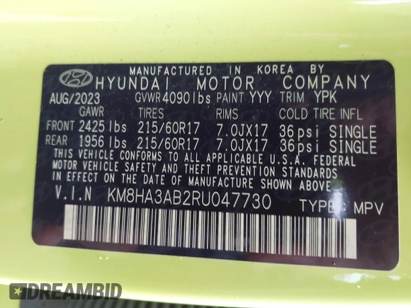 2024 Hyundai Kona SE with VIN KM8HA3AB2RU047730, listed as a IAAI auction lot 41405548 with 8,380 mi miles. Bid and sale history available at carsss.com. Image 9.