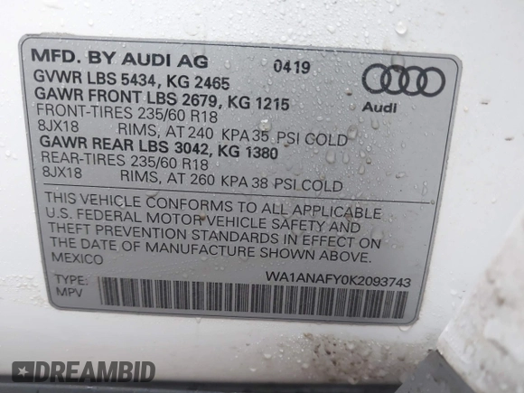 2019 Audi Q5 Premium with VIN WA1ANAFY0K2093743, listed as a IAAI auction lot 41443852 with 63,874 mi miles. Bid and sale history available at carsss.com. Image 9.