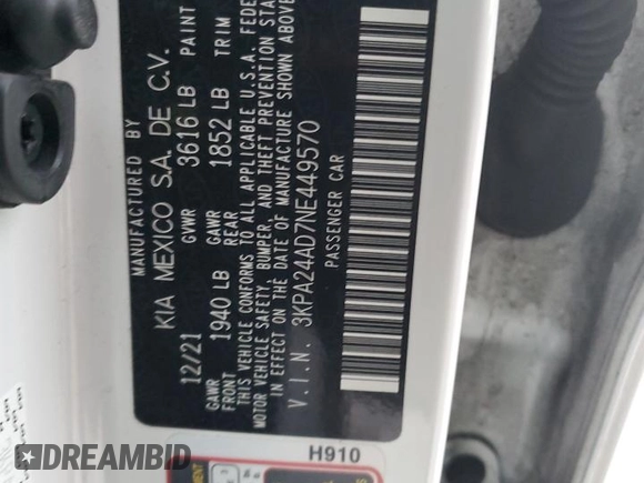 2022 Kia Rio S with VIN 3KPA24AD7NE449570, listed as a Copart auction lot 41902075 with 57,278 mi miles and Salvage Title. Bid and sale history available at carsss.com. Image 12.